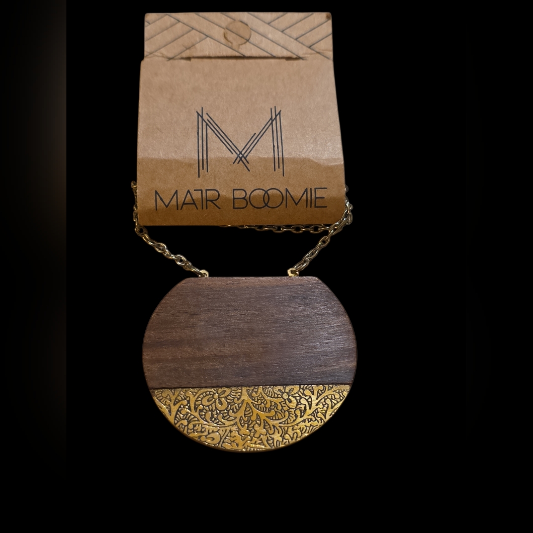 Matr Boomie Earth And Fire Wood Gold Medallion Necklace Fair Trade Nwt 18$